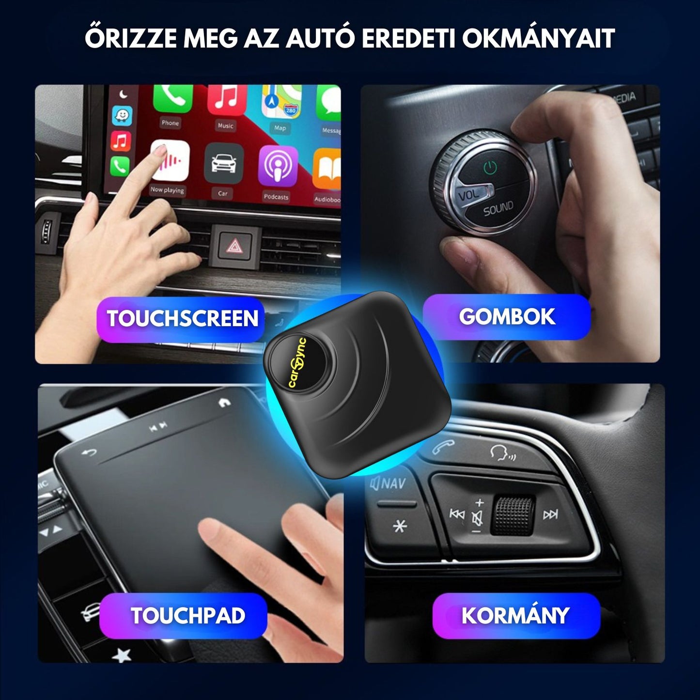 Carsync BOX – Android 14.0 rendszer + GPS + SIM- és SD-kártyahely + Vezeték nélküli CarPlay / Android Auto