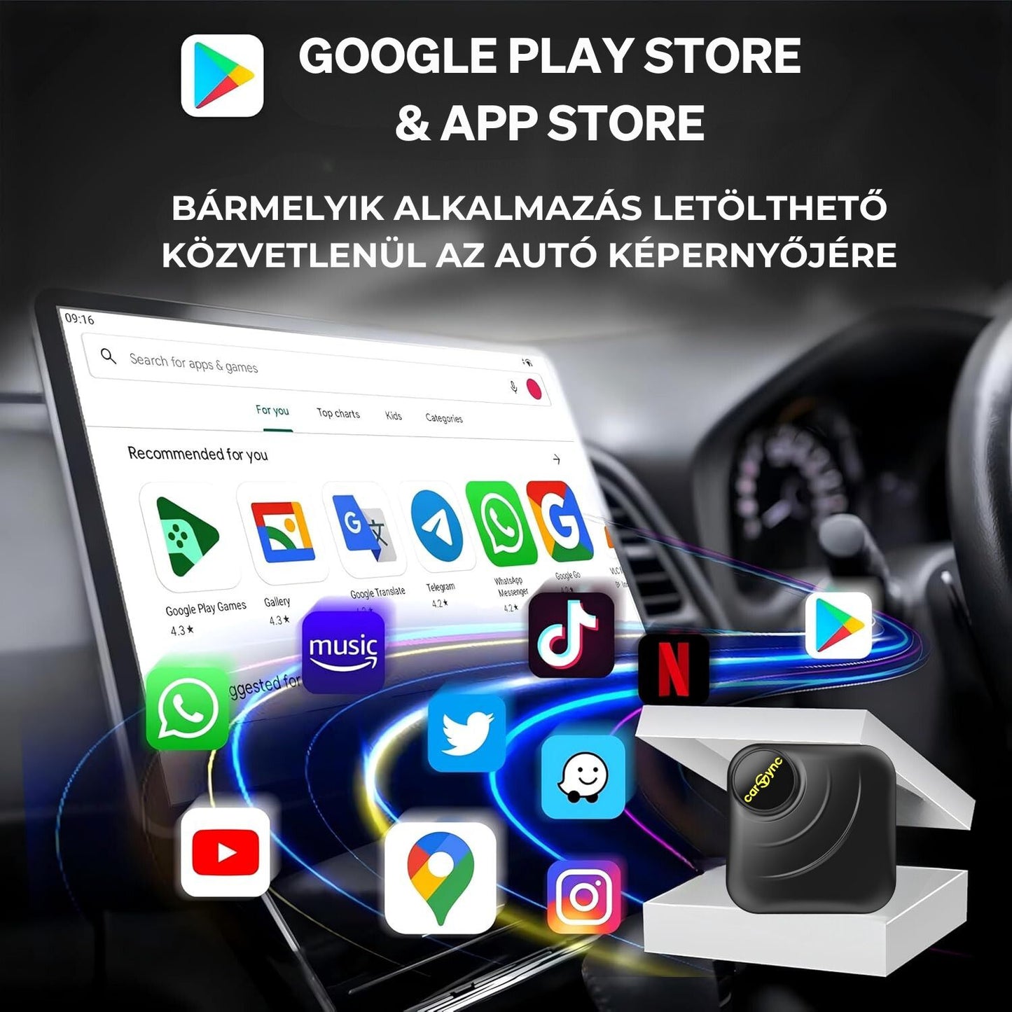 Carsync BOX – Android 14.0 rendszer + GPS + SIM- és SD-kártyahely + Vezeték nélküli CarPlay / Android Auto