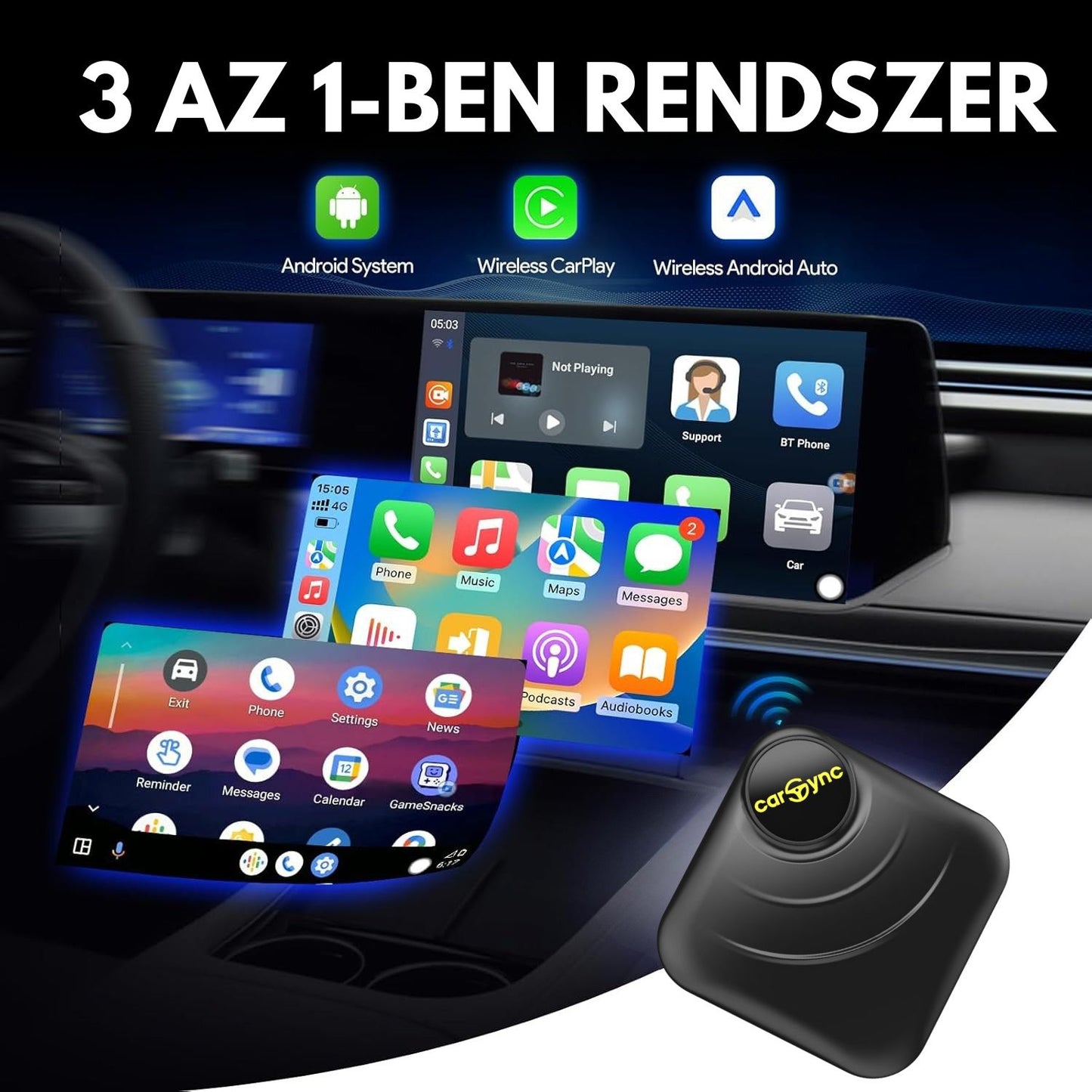 Carsync BOX – Android 14.0 rendszer + GPS + SIM- és SD-kártyahely + Vezeték nélküli CarPlay / Android Auto